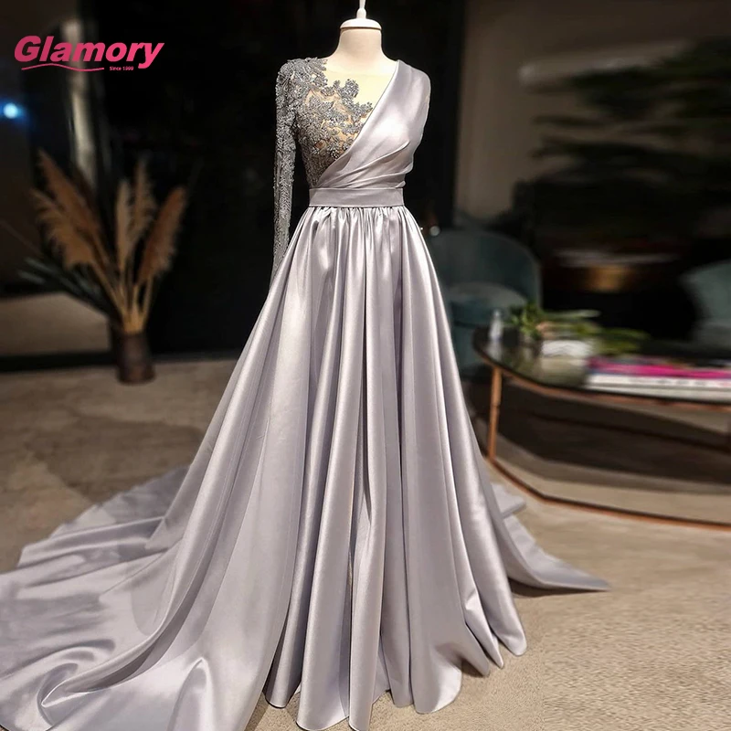 2021 High Neck EINE Linie Satin Muslimischen Abendkleider Frauen Elegante Perlen Formale Partei Lange Kleider