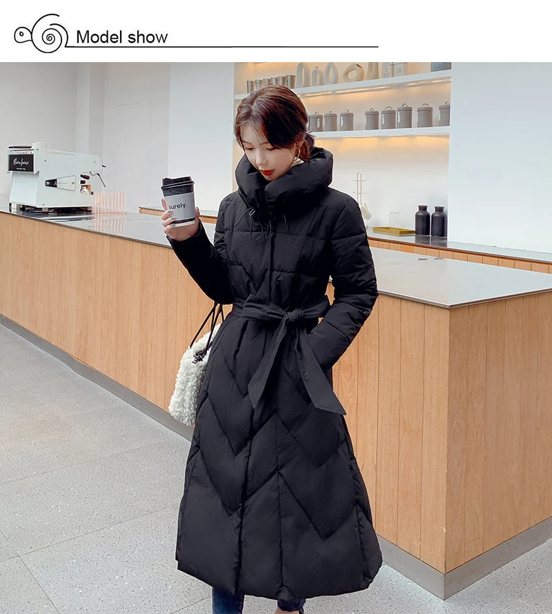 Winter Solid Turn-Down Collar Down Cotton Jacket Women Korean Style Casual Long Parkas Zipper Pockets Female Overcoat