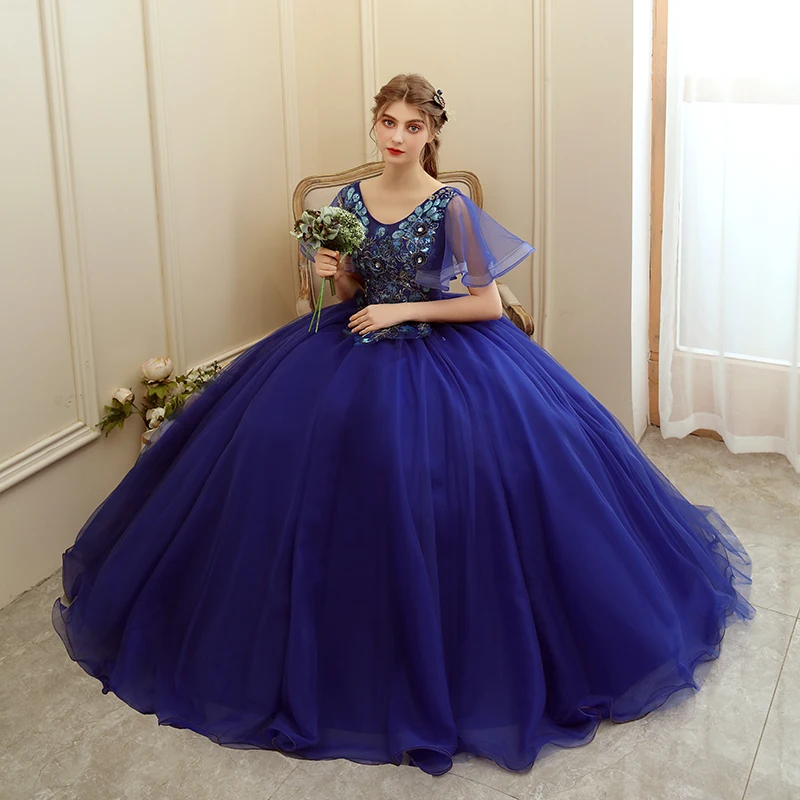 2020 ใหม่สีฟ้า Quinceanera Elegant PARTY PROM O-Neck แขนสั้น Ball Gown ดอกไม้พิมพ์ Quinceanera Vestidos Dresses