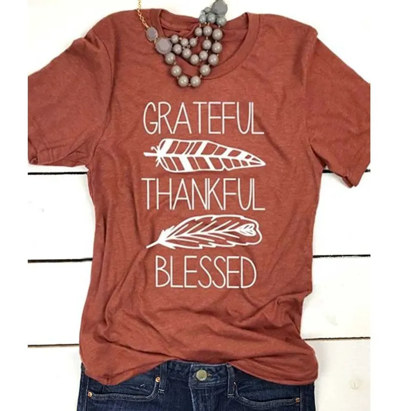 Camiseta estampada de manga corta con letras Grateful Thankful Blessed para mujer, Tops para mujer