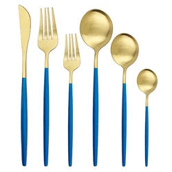 36Pcs Blue Gold Matte Flatware Cutlery Set Stainless Steel Dinnerware Set Tableware Dessert Fork Coffee Spoon Silverware Set