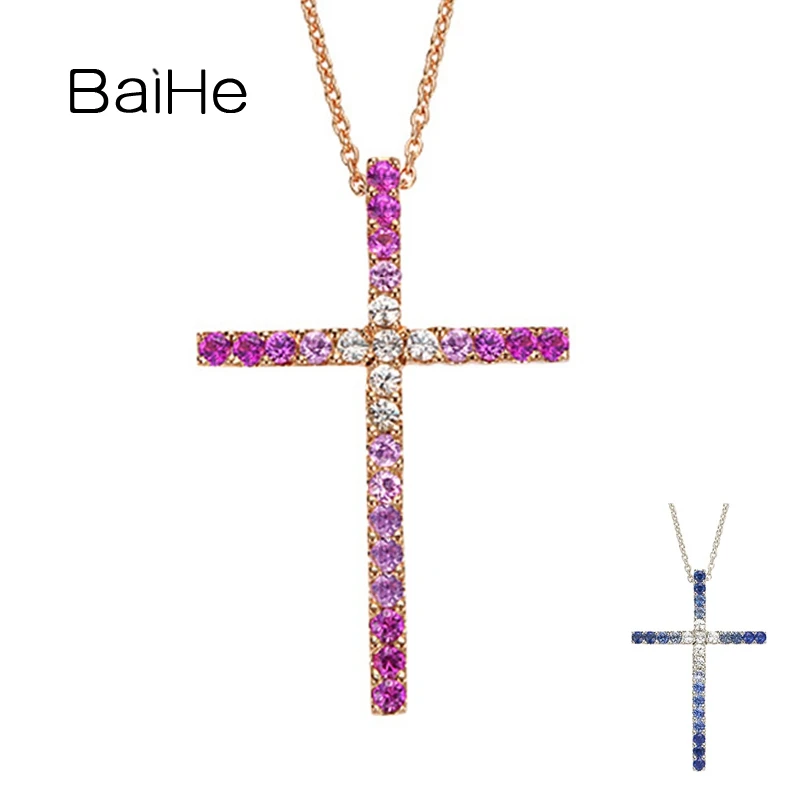 BAIHE Solid 18K White Gold Natural Blue Sapphire/Pink Sapphire Cross Pendant Necklace Women Trendy Simple Casual Fine Jewelry