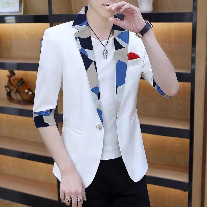 

2024 Summer Half-Sleeve Shirt Men's Suit Youth Fashion Cool Printed Stitching Collar Handsome blazers