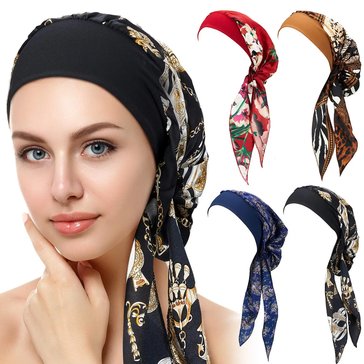 Muslim Women Headwear Turbans Silky Head Scarf With Wide Band Printed Sleeping Hat Hijab Bonnet Hair Cover Ready To Wear