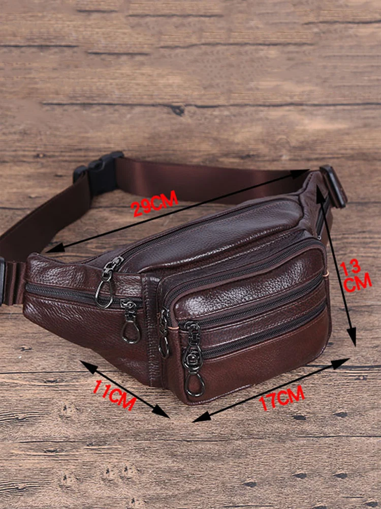 JCHENSJ Genuine Leather Waist Bag For Man 7 Zipper Pocket Panny Pack Casual Large Capacity Male\'s Waist Pack Solid Chast Bags