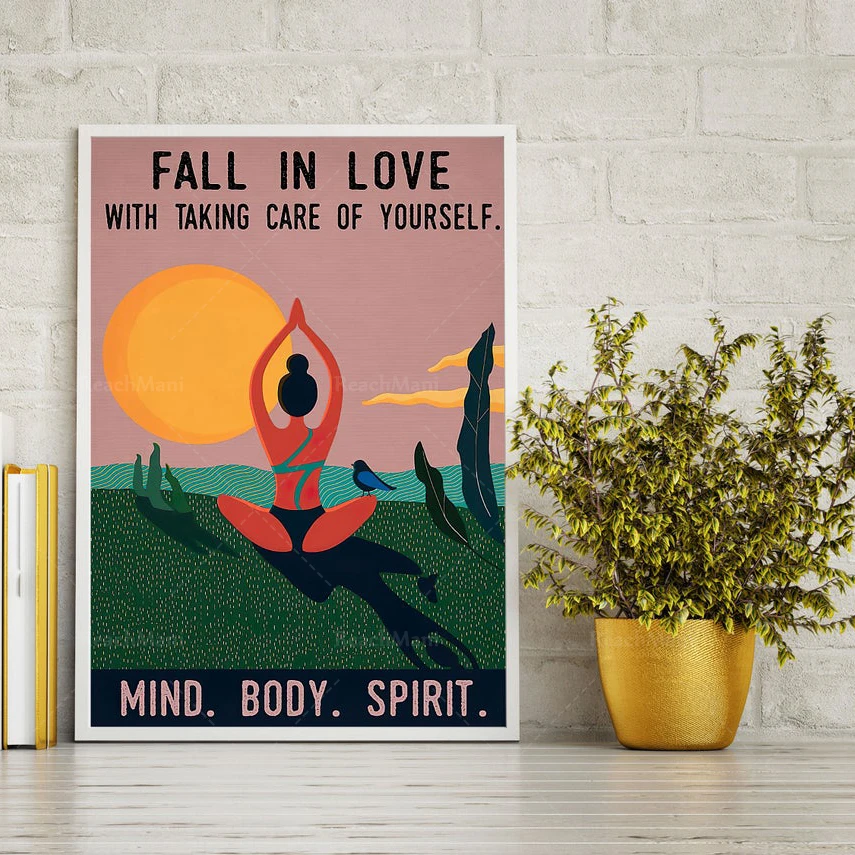 Hippie yoga girl meditation print, inhale exhale print, yoga room girl fitness gift decoration poster