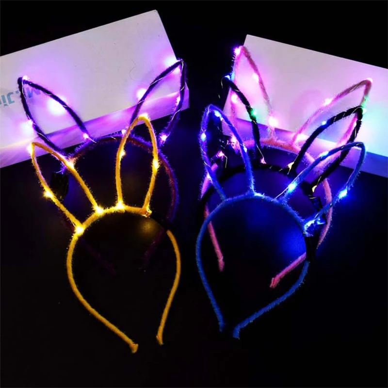 Women Girls LED Flashing Cute Pointed Cat Fox Ears Hair Hoop Glowing String Lights Plush Cloth Wrapped Headband Party Supplies