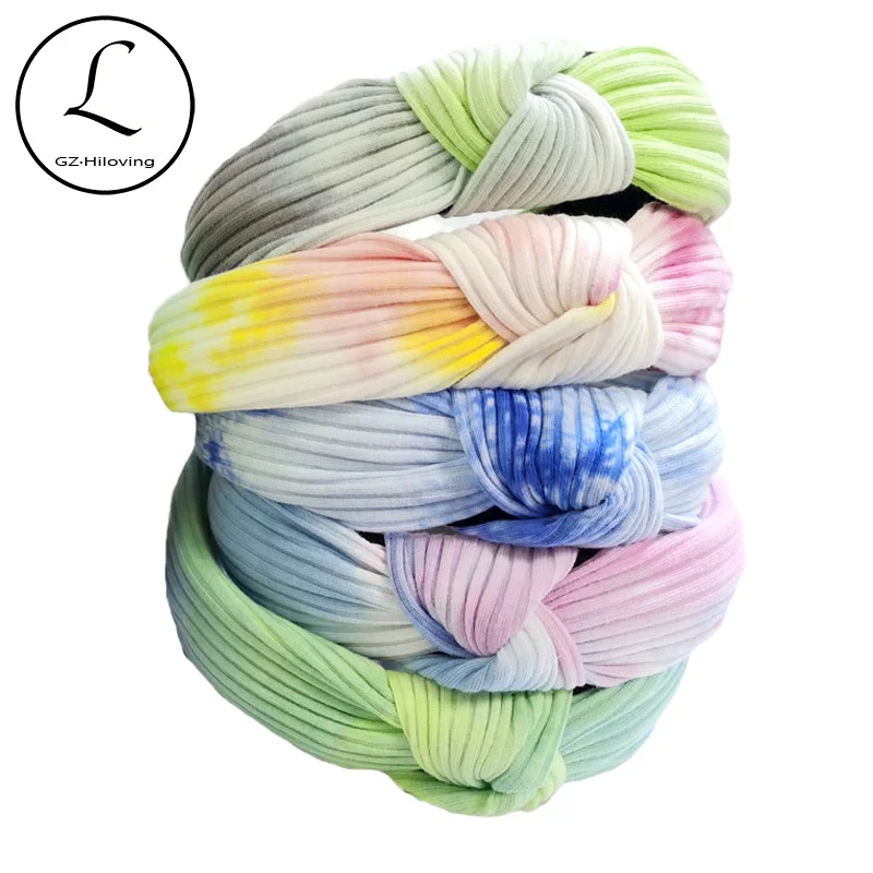 Women Tie dye Ribbed cotton headbands New 2020 Summer Colorful print Knot Hairbands Hair Accessories For ladies girls Headwear