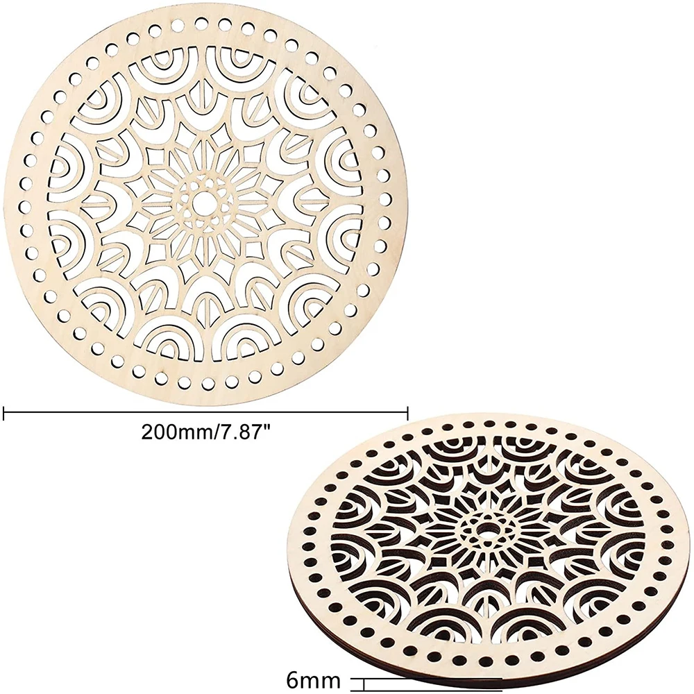 2Pcs 20cm Natural Wooden Basket Bottom Heart Circle Blank Hollow Crochet Basket Wood Base for DIY Knitting Bag Making Weaving