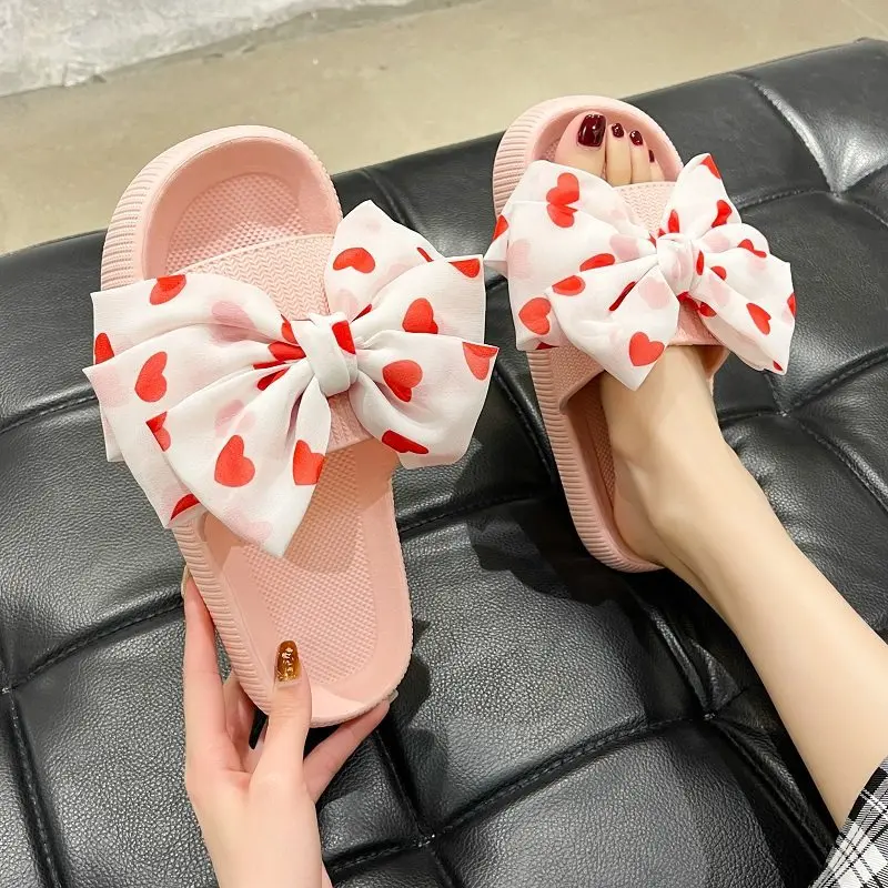 Summer New Ladies Slippers Fashion Cute Polka Dot Bow Slippers Women Thick-soled Indoor One-word Sandals Beach Shoes