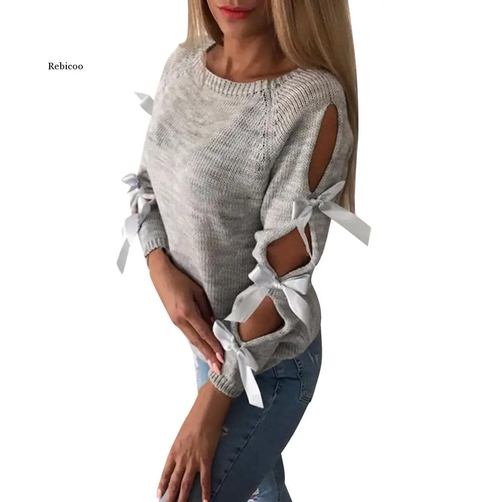 Sweater Women Casual Solid Bow Tie Pullover Loose Sweater Jumper Tops Knitwear Pull Pullover