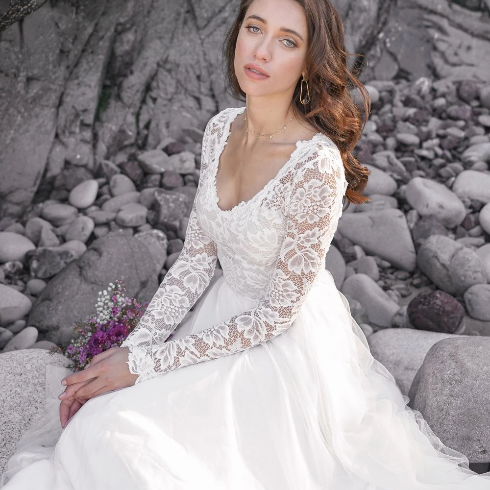 Robe de soirée de mariage en Tulle, tenue de plage, style Boho, manches longues en dentelle, dos ouvert, coupe trapèze, col en v, élégante, grande taille, 2021