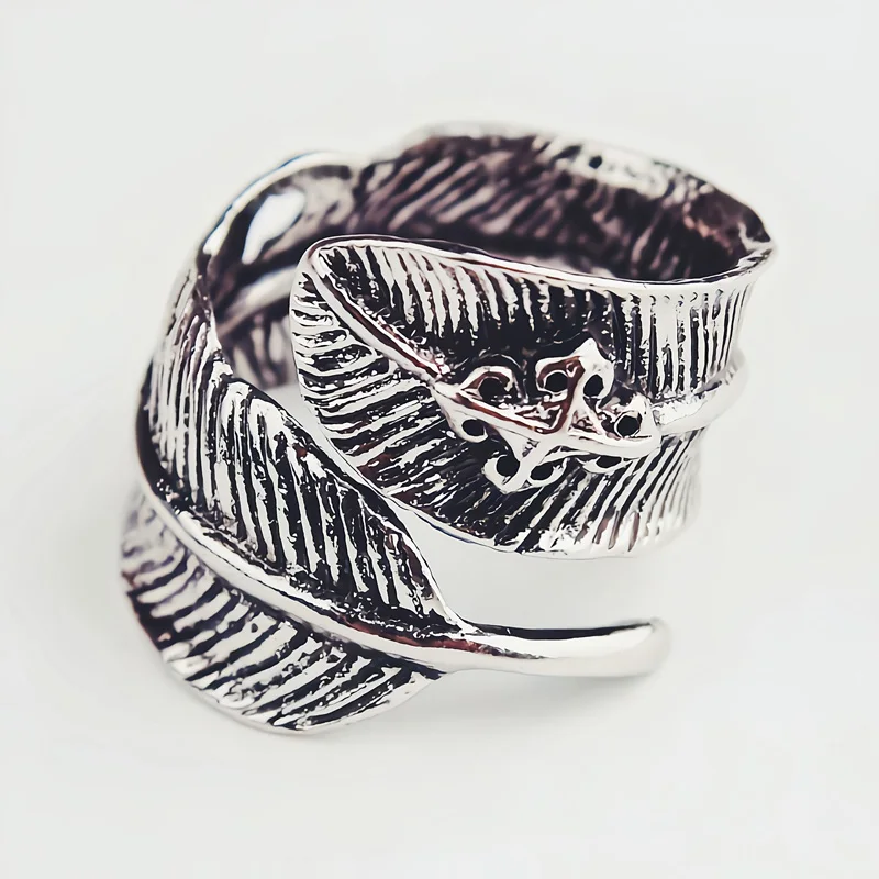 Vintage Feather Lovers Ring Retro Leaf  Women Men Jewelry Opening Adjustable Rings Fashion Geometric Party Holiday Birthday Gift image 4