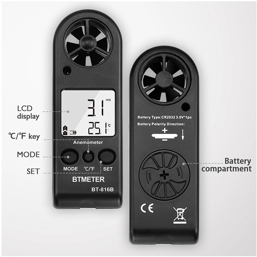 

BEMETER BT-816B Handheld LCD Digital Wind Speed Meter Portable Anemometer Sensor Wind Speed Meter Air Flow Tester HVAC CFM