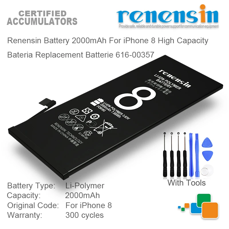 

Renensin Battery 2000mAh For iPhone 8 High Capacity Bateria Replacement Batterie 616-00357