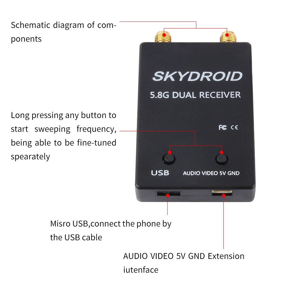 Skydroid 5.8G UVC Dual Antenna 150CH Audio FPV Receiver for Android Mobile Phone Tablet Smartphone Transmitter RC FPV Receiver