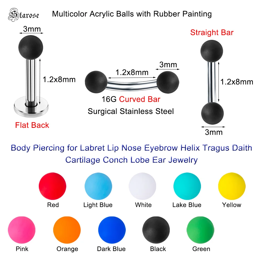 Starose 5Pcs 1.2x8mm Bar Rubber Painting Eyebrow Piercing Labret Ring White Acrylic Balls Stainless Steel Helix Stud Ear Jewelry
