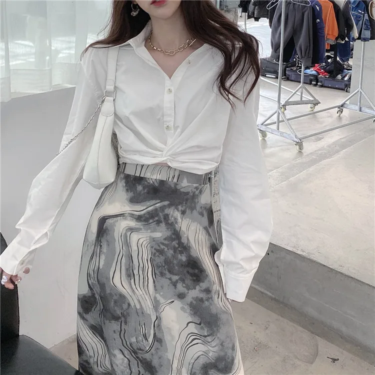 Shirts Women Turndown Collar Long Sleeve Buttoned and Twisted Short Shirt White Tops 2020 Autumn New Fashion Blouses Women Tops