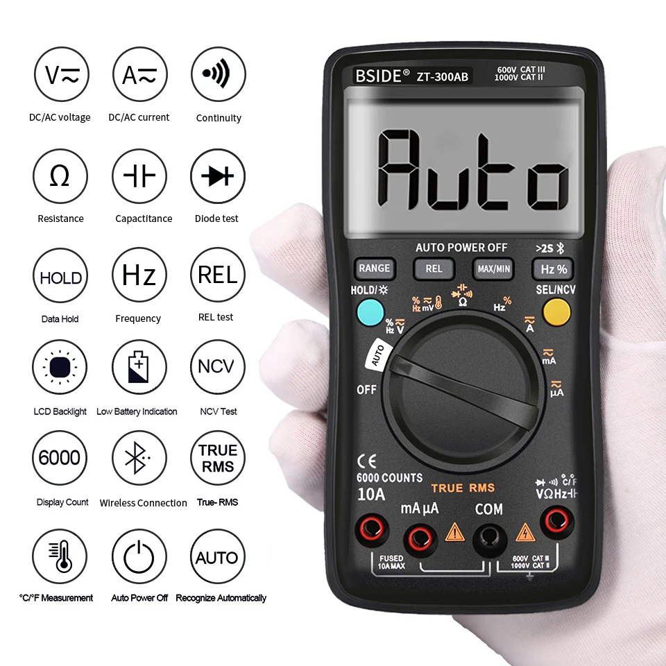 BSIDE ZT-300AB Wireless Digital Multimeter True RMS Manual/Auto Ranging 6000 Counts DMM Voltage Capacitance Temp Amp Ohm Diode