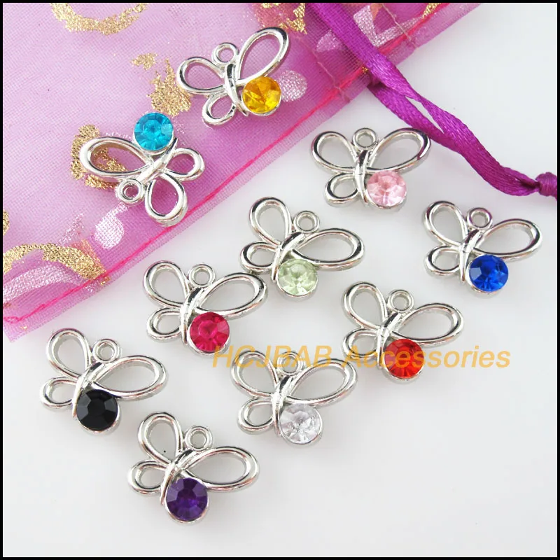 30 New Animal Charms Dull Silver Plated Mixed Crystal Butterfly Pandants 14x19mm