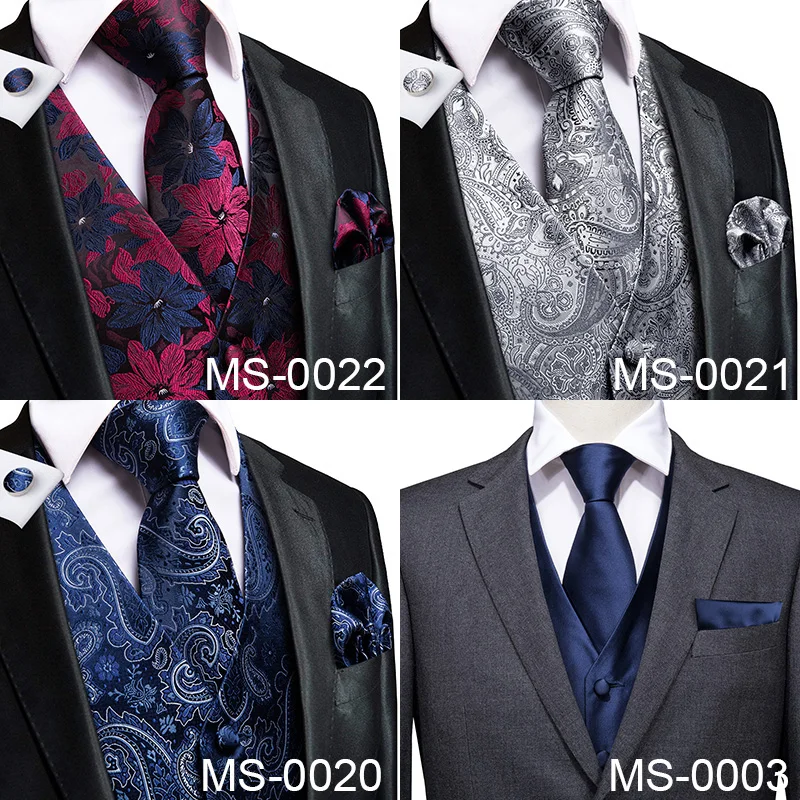 Hi-Tie Silk Adult Men\'s Vest for Suit Luxury Paisley Floral Plaid Suit Vest and Tie Set Blue Gold Red Sliver Wedding Vest Men