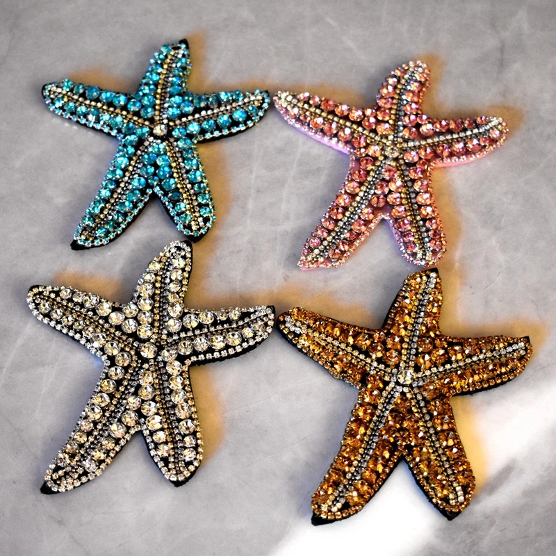 3D Handmade Rhinestone Beaded Patches Starfish Sew on Crystal Star Patch Beading Applique Patch