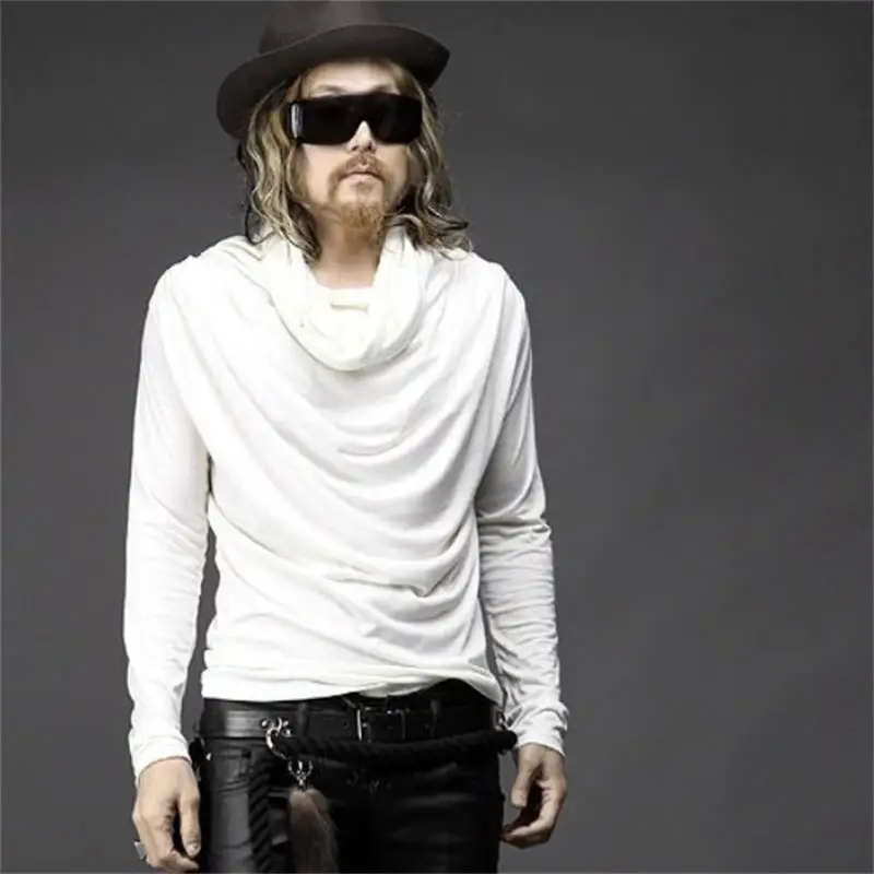 Men's T-Shirts Spring And Autumn Wear Korean Version Men's Long Sleeves Stacked Collar T-Shirts Pleated Neck Long Sleeve Trend