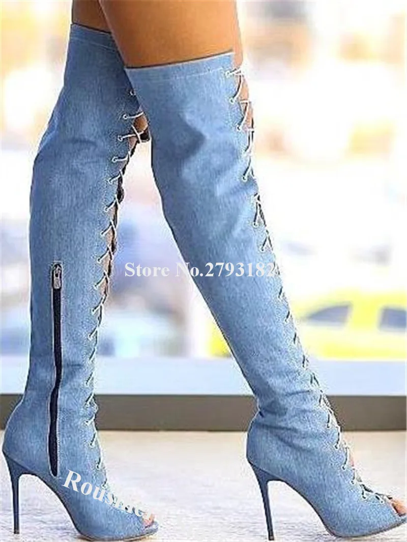 Women Westen Fashion Peep Toe Blue Denim Over Knee Stiletto Heel Gladaitor Boots Lace-up Cut-out Long High Heel Boots Heels