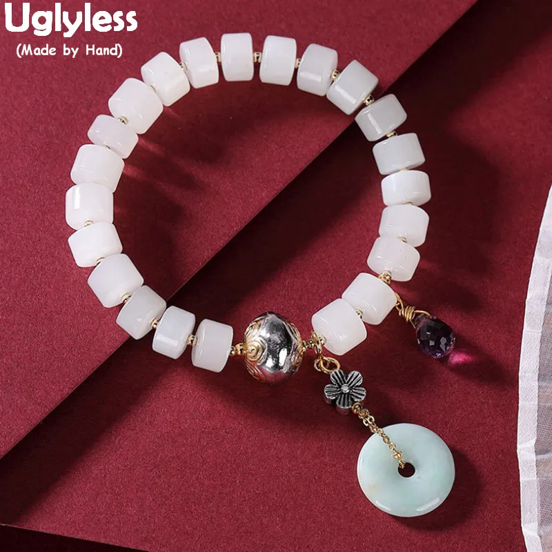 

Uglyless Elegant White Jade Beads Bracelets for Women Elastic Rope Adjustable Multi Gemstones Bracelets Emerald Fashion Jewelry