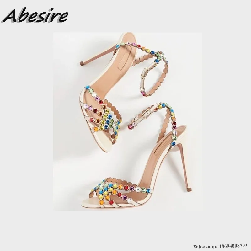 Abesire Crystal Sandals Peep Toe Ankle Buckle Strap Thin High Heels Sandals Woman Summer Lady Big Size Stilettos Shoes On Heels