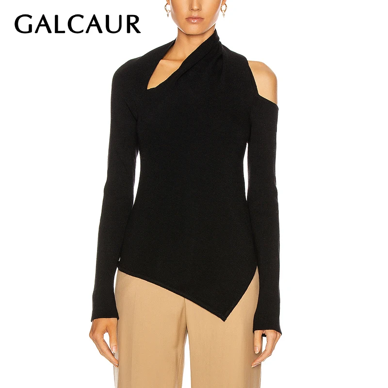 GALCAUR Black Sweater For Women Irregular Collar Long Sleeve Hollow Out Backless Designer Loose Sweaters Female 2025 New Clothes