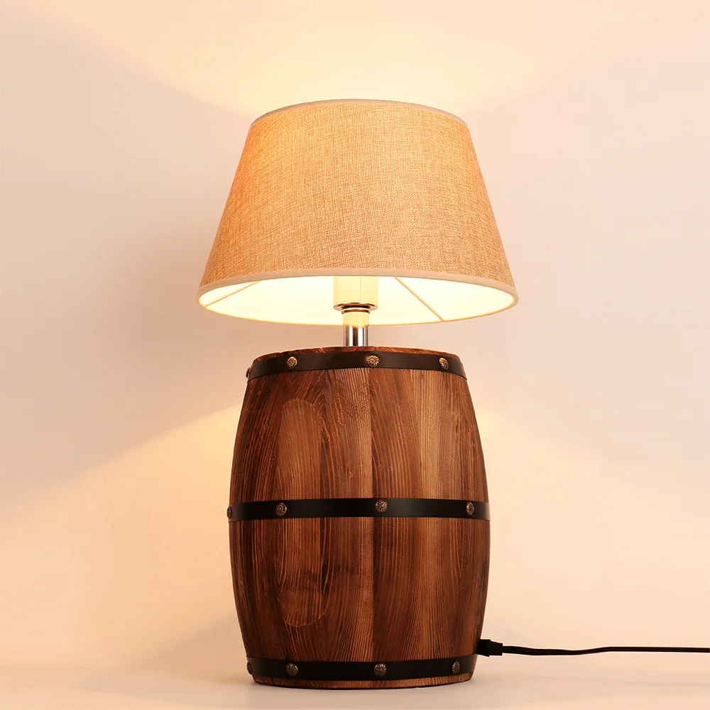 

Retro Modern Wooden Barrel Table Lamp Fabric Shade With Switch Plug E27/E26 Table Lamp Suitable For Bedroom Living Room Bedside