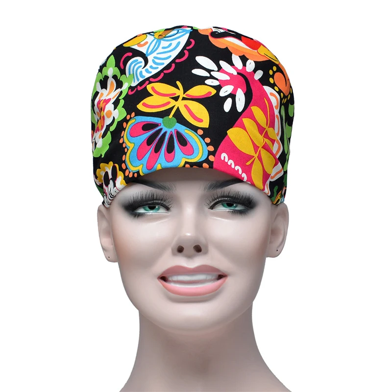 Scrub Caps Women Hair Cover Flower Printed Cotton Sweatband Adjustable Caps