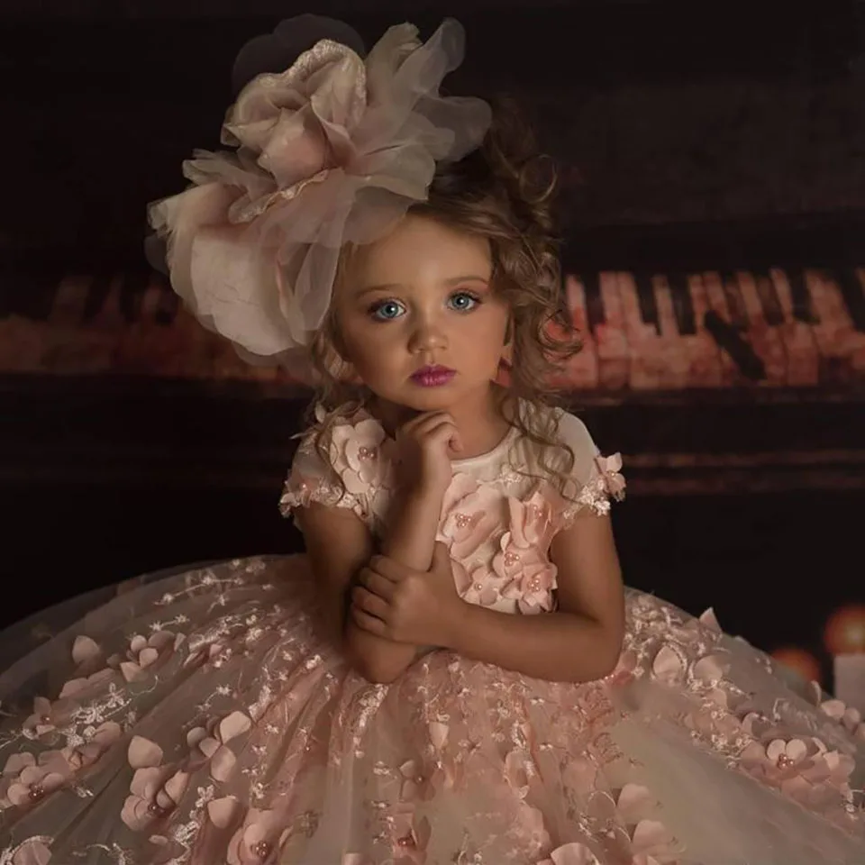 Vestido de encaje con cuello redondo hecho a mano para niña, ropa Formal para bebé, fiesta de cumpleaños, Navidad, desfile, con cuentas de flores, Dr.