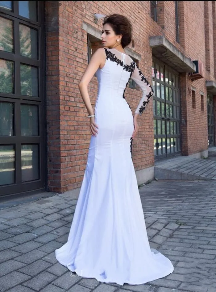 Abito da sera Sexy 2023 elegante sirena musulmana trasparente maniche lunghe Appliques pizzo una spalla Prom abiti da festa Robe De Soiree