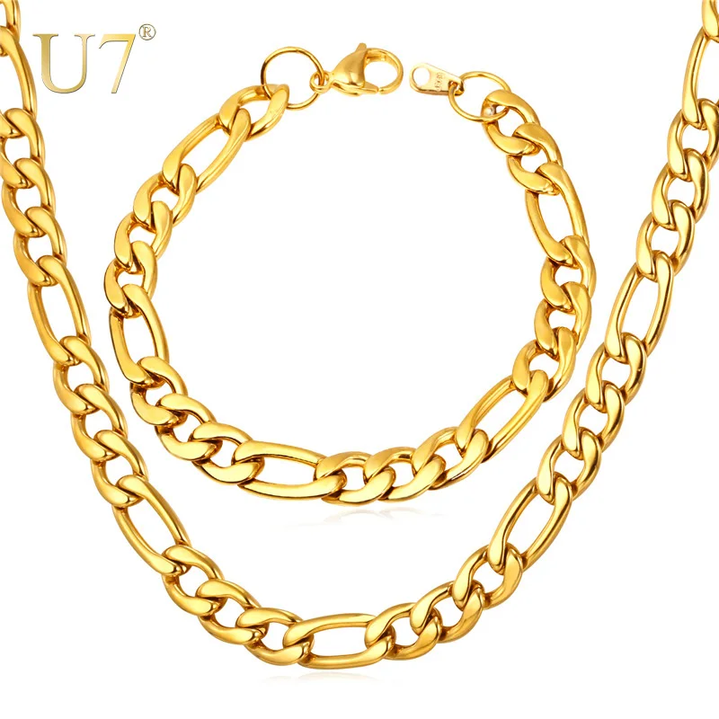 U7 Men Jewelry Set Wholesale Black/Gold Color Stainless Steel 5MM Figaro Chain Necklace And Bracelet Set Gift Trendy S430