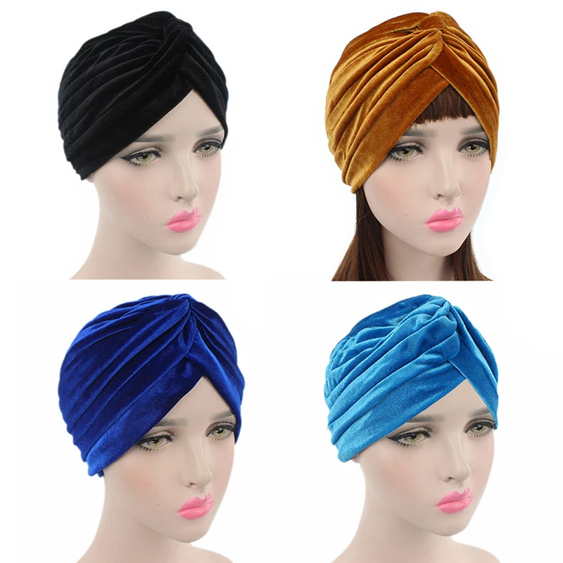 Grade Quality Pleated Stretch Ruffle Women\'s Velvet Skullies Beanies Twist Knoted Turban Chemo Sleep Hats Wrap Hair Cover Bonnet