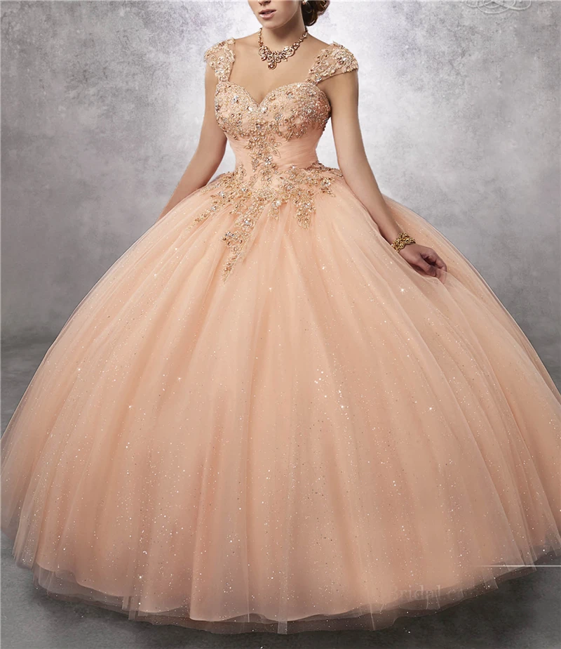 Bealegantom Lace-Up Quinceanera Vestidos com Alças, Espumante Bling Bead, Champagne Apliques, 15 Anos, QD75