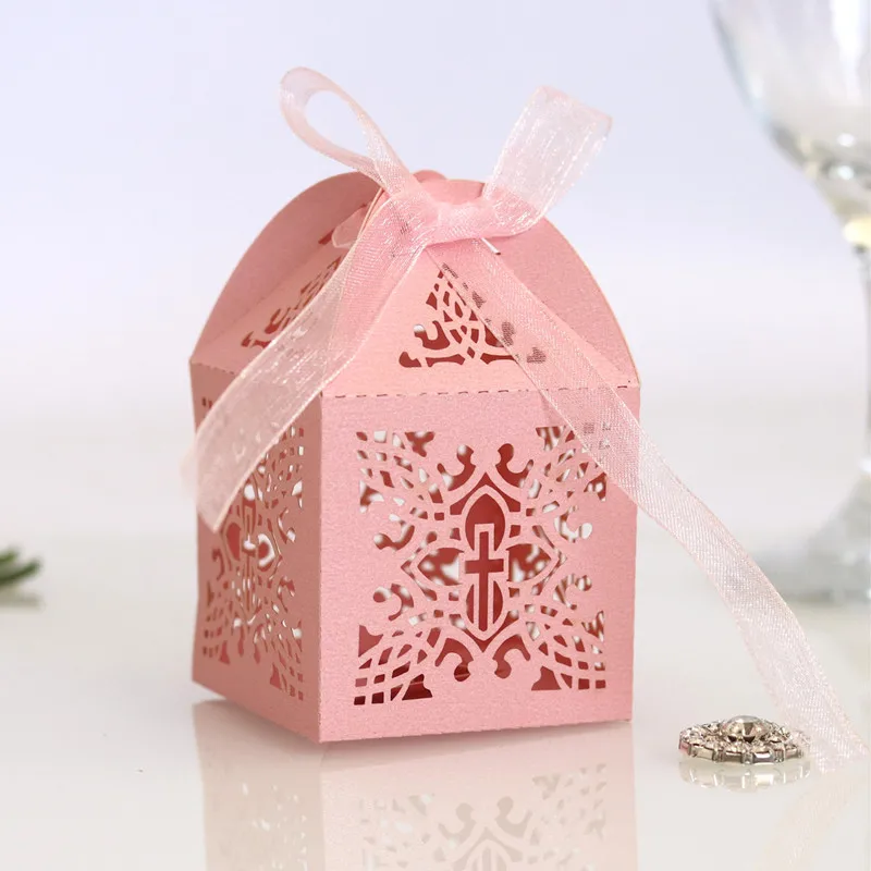 50pcs Cross Candy Box Gift Favor Boxes With Ribbon Baby Shower Mariage Wedding Party Decoration Wedding Gifts For Guests Favors