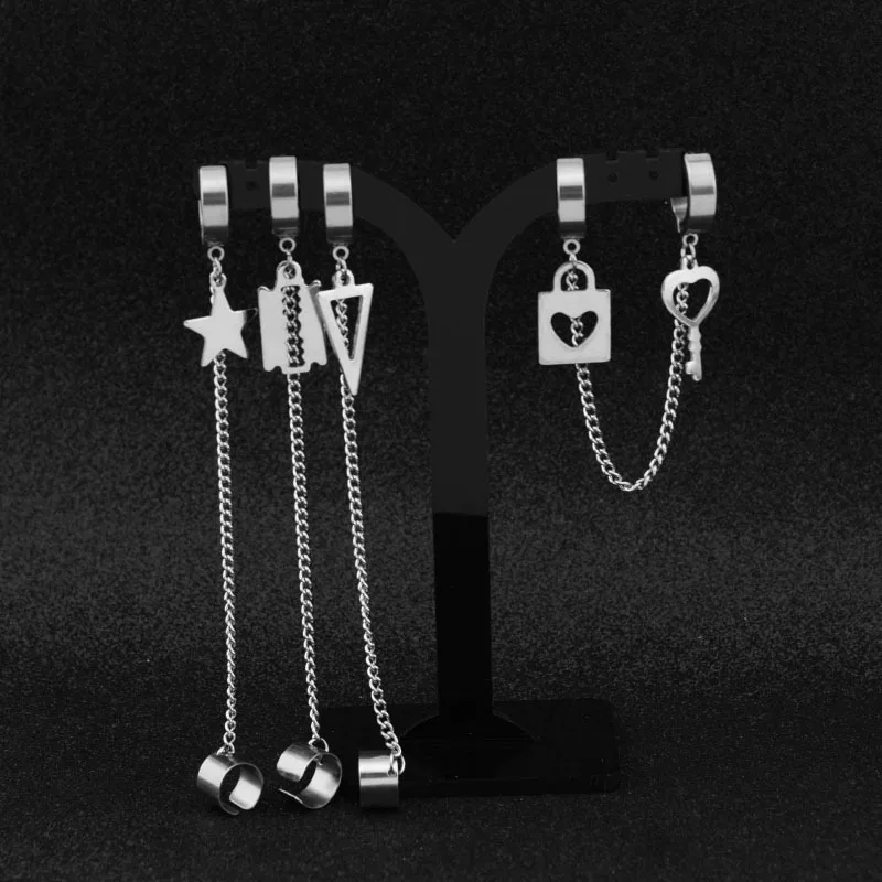 1 Piece Fashion Stainless Steel Ear Chain Key Lock Blade Cross Star Pendant Men Women Earring