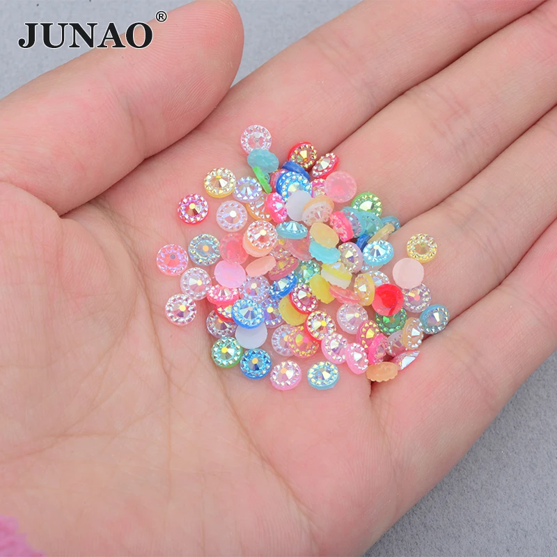 JUNAO 4 5 6 mm Random Mix Color Resin Flower Rhinestones Flat Back Round Crystal Stones Non Hotfix Strass Nail Art Decoration