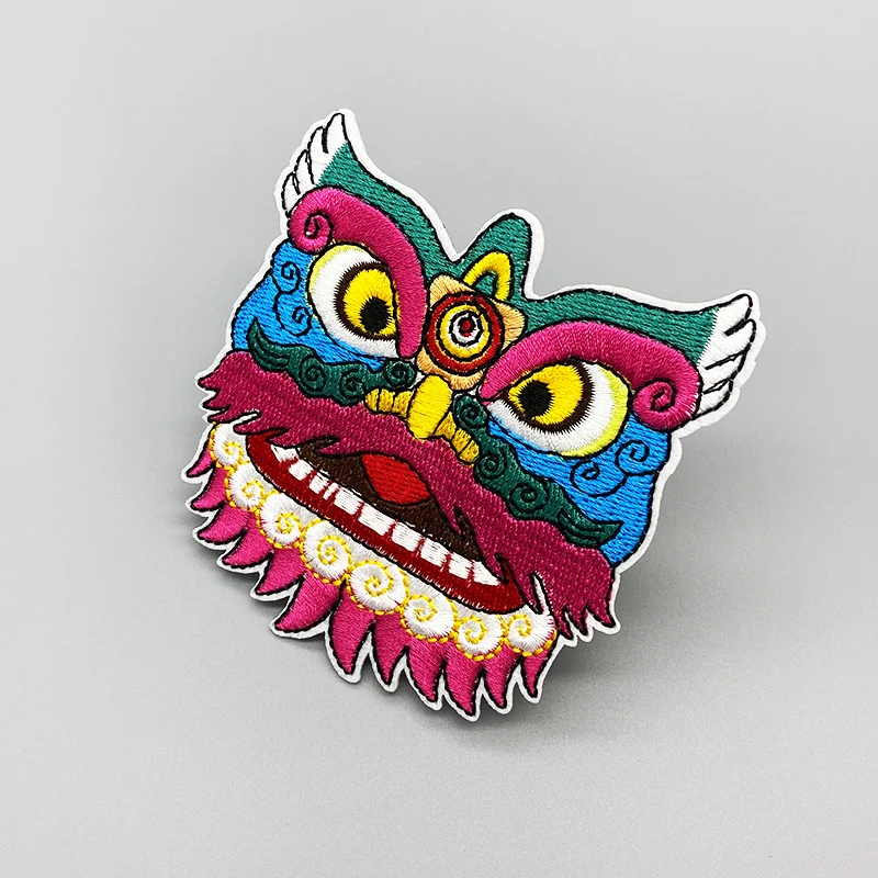 Lion dance embroidery patch DIY Iron on Clothes Cropped Badges Applique for Jacket Jeans Cloth Decoration Apparel Garment