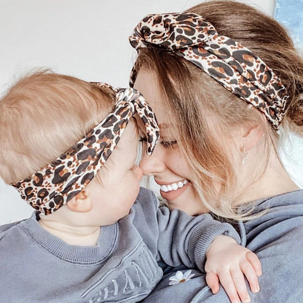 2 Buah/Set Bando Ibu & Bayi Turban Bayi Ibu Bando Telinga Kelinci Putri Ibu Bando Bunga Leopard Aksesori Rambut Orang Tua-anak