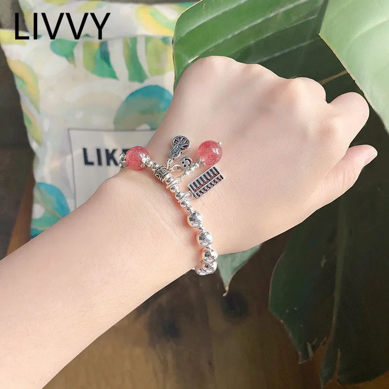 LIVVY Silver Color Fashion Pink Crystal Ball Smiling Face Abacus Cat Charm Bracelet Trendy Creative  Adjustable  Jewelry Women