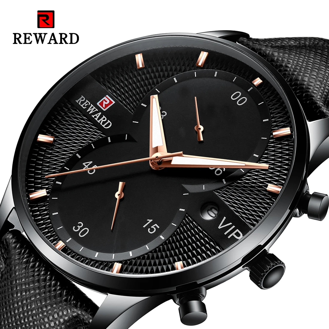 REWARD Black Men Quartz Wrist Watches Leather Band Calendar Display Grid Dial Fashion Watch Stainless Steel Relógio Masculino