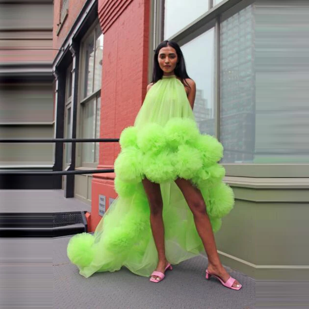 Neon Green Sexy Long Evening Formal Dresses robe de soiree Hi Low Ruffle Tulle Elegant Evening Gown Halter Party Dresses