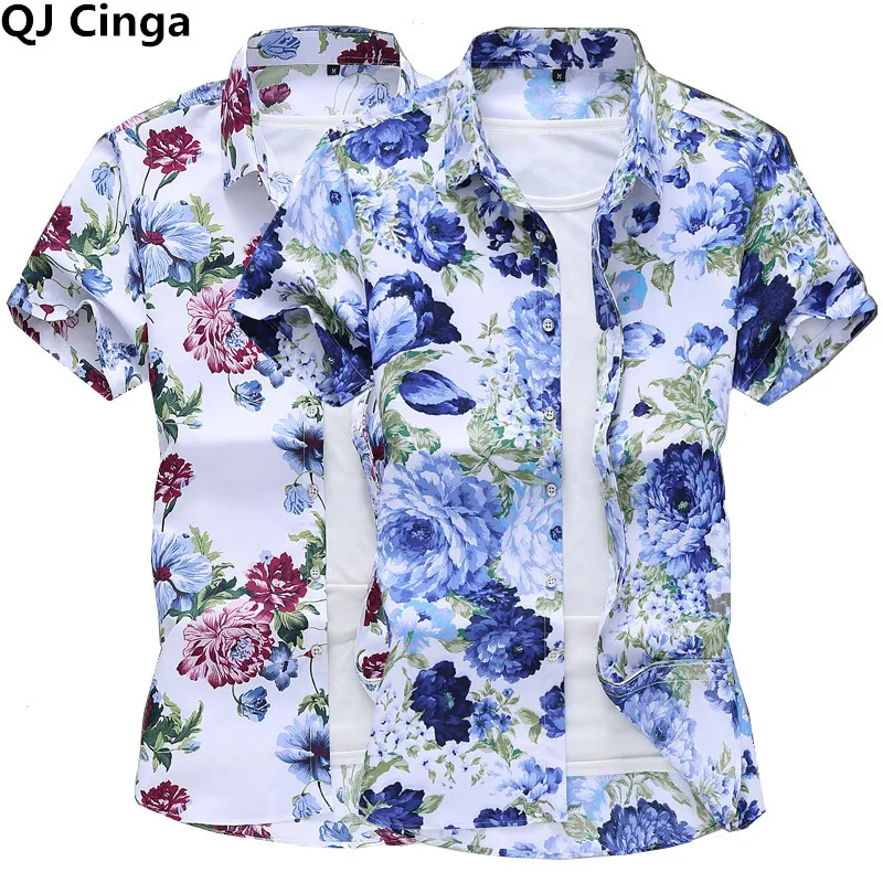 Summer White Print Short Sleeved Shirt, Men\'s Single Breasted Lapel Shirts, Blue Black Purple Camisa Big Size S-5XL 6XL