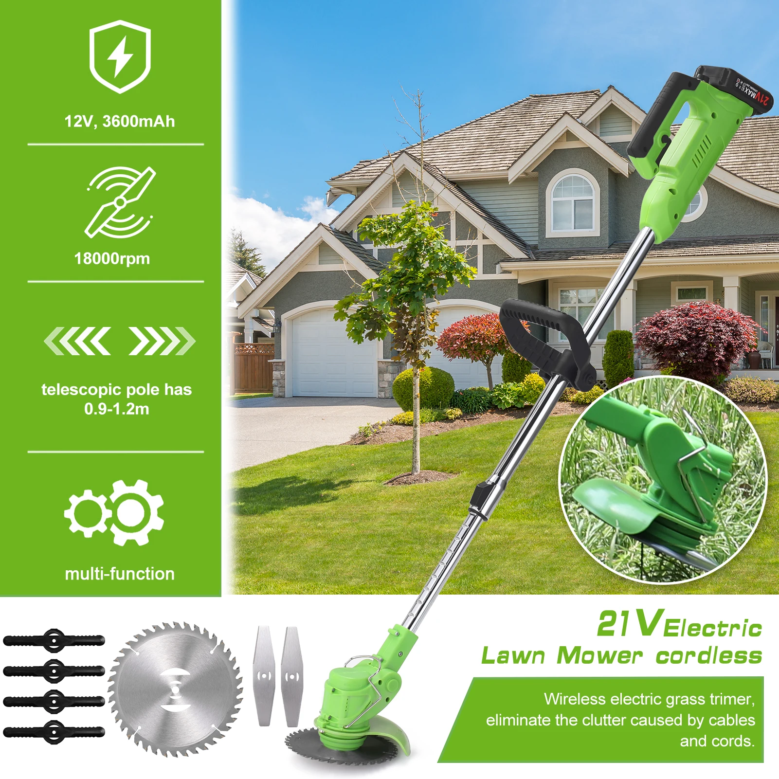 21V Electric Lawn Mower High Power Cordless Grass Trimmer Portable Electric Weed Eater Rechargeable Battery Home Garden Tools