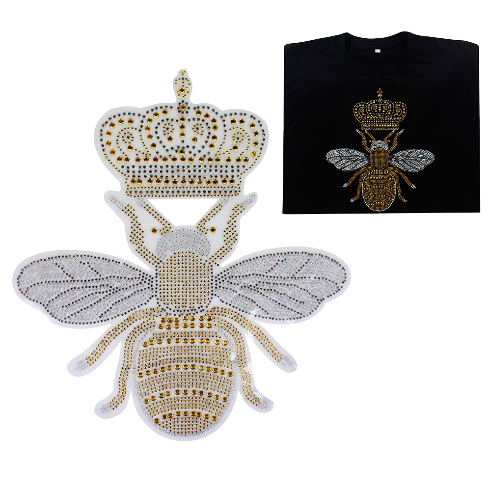 Bee Crown Iron on Tiger Wings Lion Applique Patches Rhinestone Heat Transfer for T-shirt Bag Hot Fix Stone 2pc Craft  TH1725