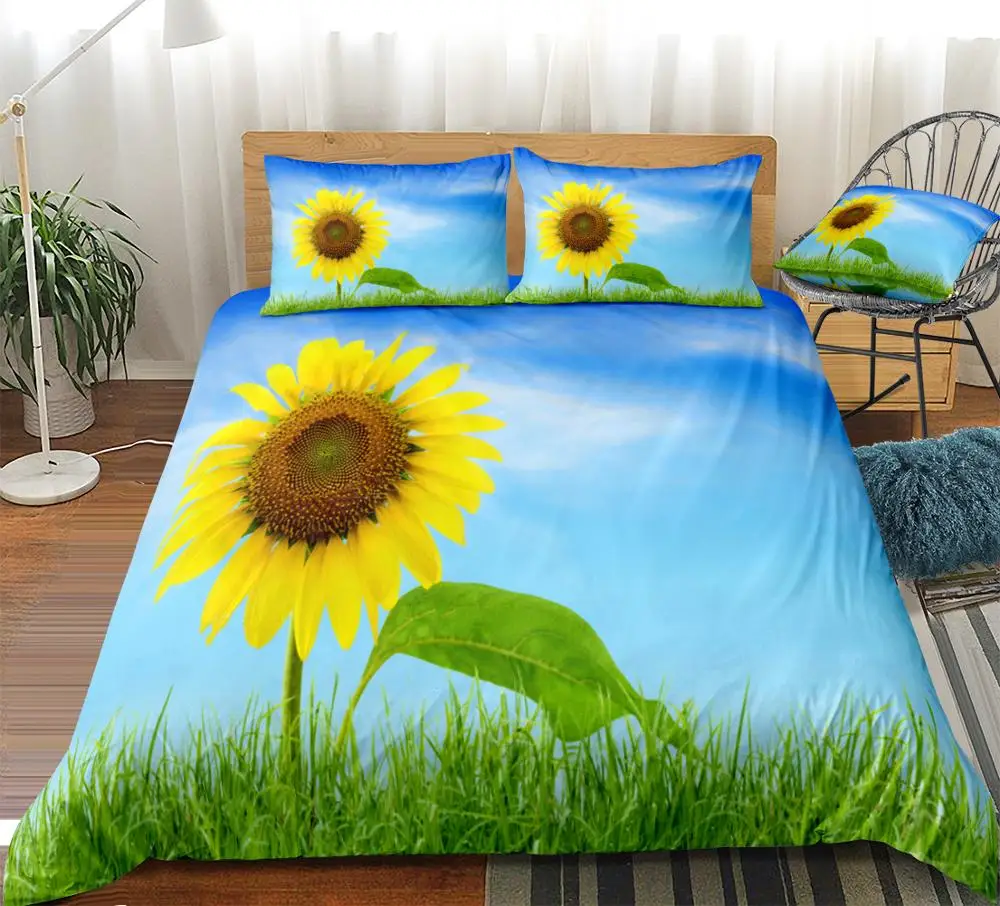 3D Sunflower Duvet Cover Set Blue Sky Bedding Kids Boys Girls Yellow Flower Quilt Cover Queen Bed Set Green 3pc King Dropship